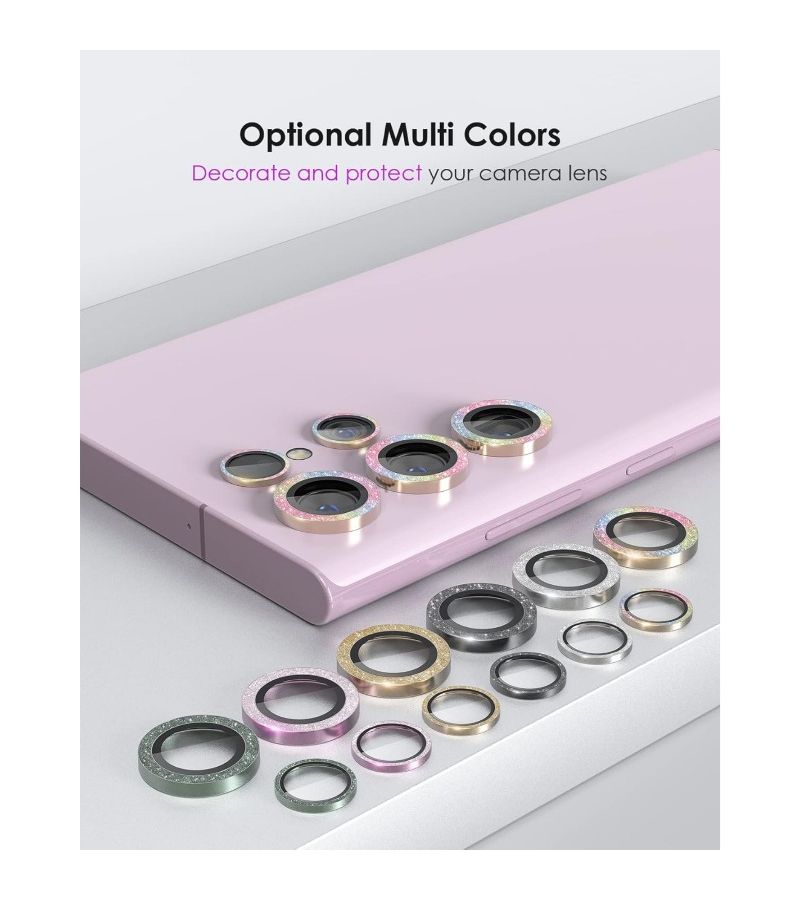 Set Of 2 Multicolored Metal Lens Ring Diamond Flash Lens Protector Compatible With Samsung Galaxy S23 Ultra Smartphone High Quality Protective Film Stylish Phone Case Gadget Lens Cover - Image 2