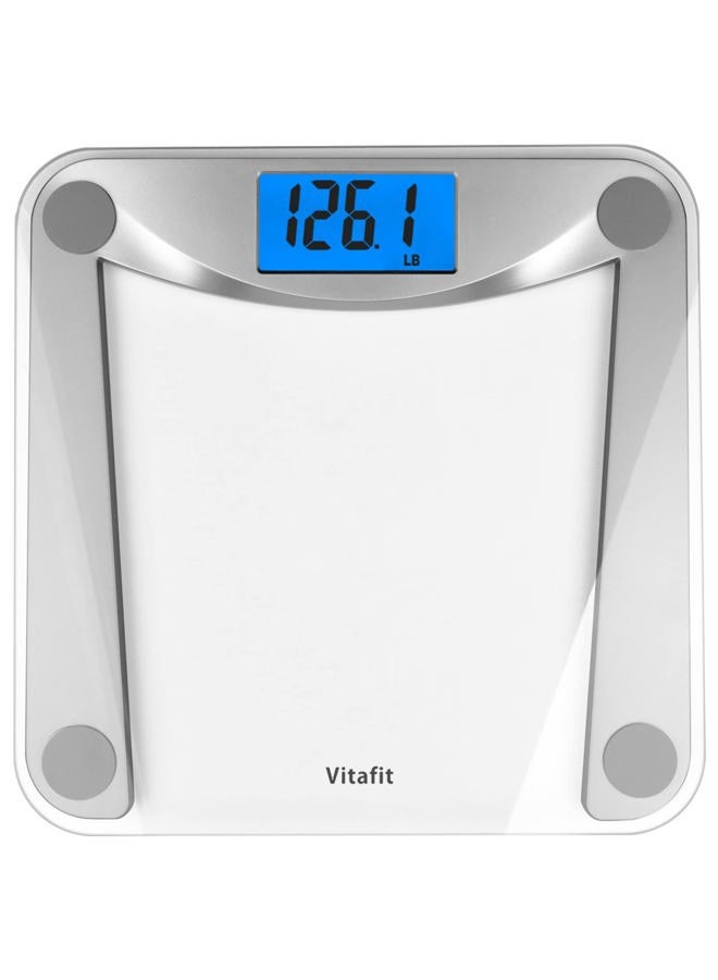 Vitafit ميزان وزن رقمي للحمام لقياس الوزن الجسم، دقة عالية مضمونة من قبل محترفي الوزن منذ 2001، شاشة LCD زرقاء مضاءة خلفياً كبيرة جداً وميزة الخطوة، 400lb/180kg، زجاج شفاف - Image 1