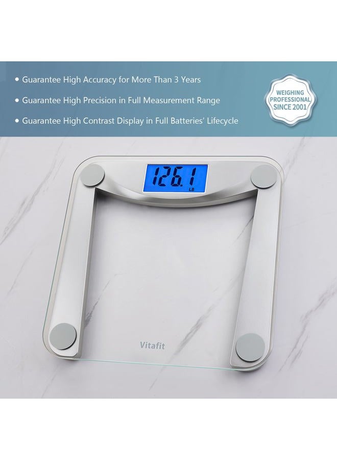 Vitafit ميزان وزن رقمي للحمام لقياس الوزن الجسم، دقة عالية مضمونة من قبل محترفي الوزن منذ 2001، شاشة LCD زرقاء مضاءة خلفياً كبيرة جداً وميزة الخطوة، 400lb/180kg، زجاج شفاف - Image 2