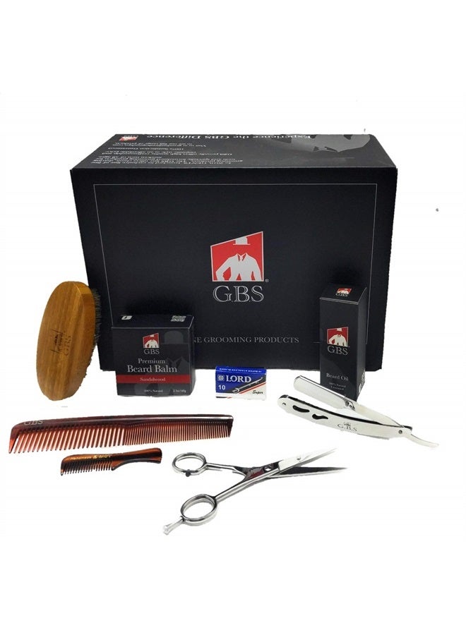 G.B.S Beard Grooming & Trimming Includes-Unscented Beard Oil, Sandalwood Balm, 3” Boar Bristle Brush, 7” Dressing Comb, 5” Shave Razor+10 Blades, 3” Mustache Comb, Scissors(8pcs) - Image 1