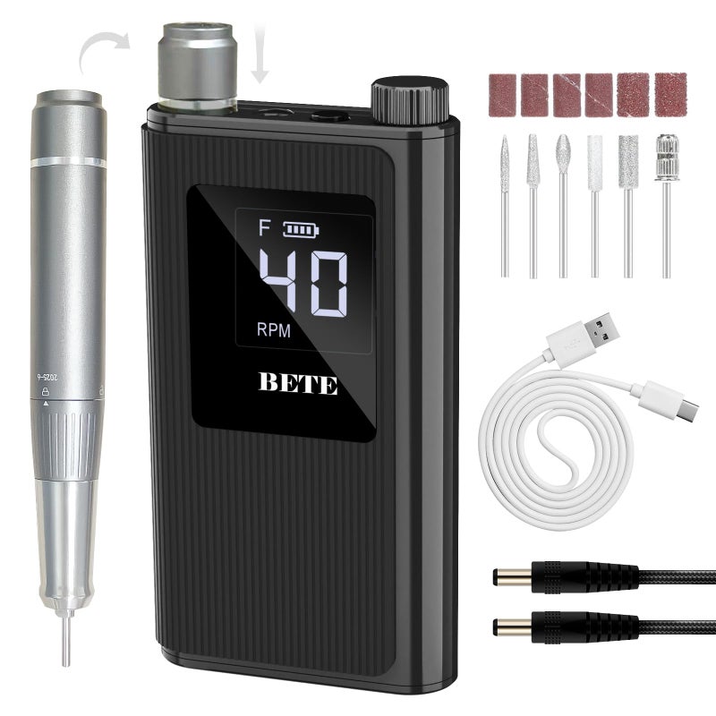 BETE Professional Nail Drill, 40000 RPM Cordless Electric Nail File Kit with 6 Bits, Rechargeable Efile for Acrylic Gel Nails Polishing, Manicure Tools for Salon Home Use, Black - Image 1