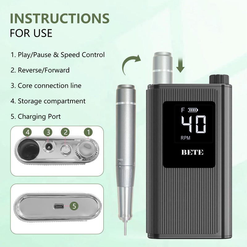 BETE Professional Nail Drill, 40000 RPM Cordless Electric Nail File Kit with 6 Bits, Rechargeable Efile for Acrylic Gel Nails Polishing, Manicure Tools for Salon Home Use, Black - Image 3