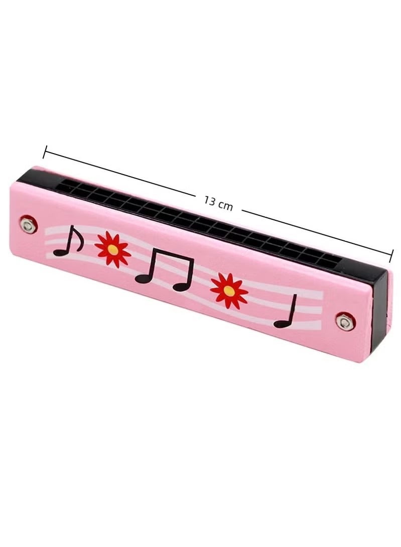 2pcs Children's harmonica, 16 hole double row lightweight cartoon harmonica, children's harmonica, adult beginner instrument toy(pink+green) - Image 2