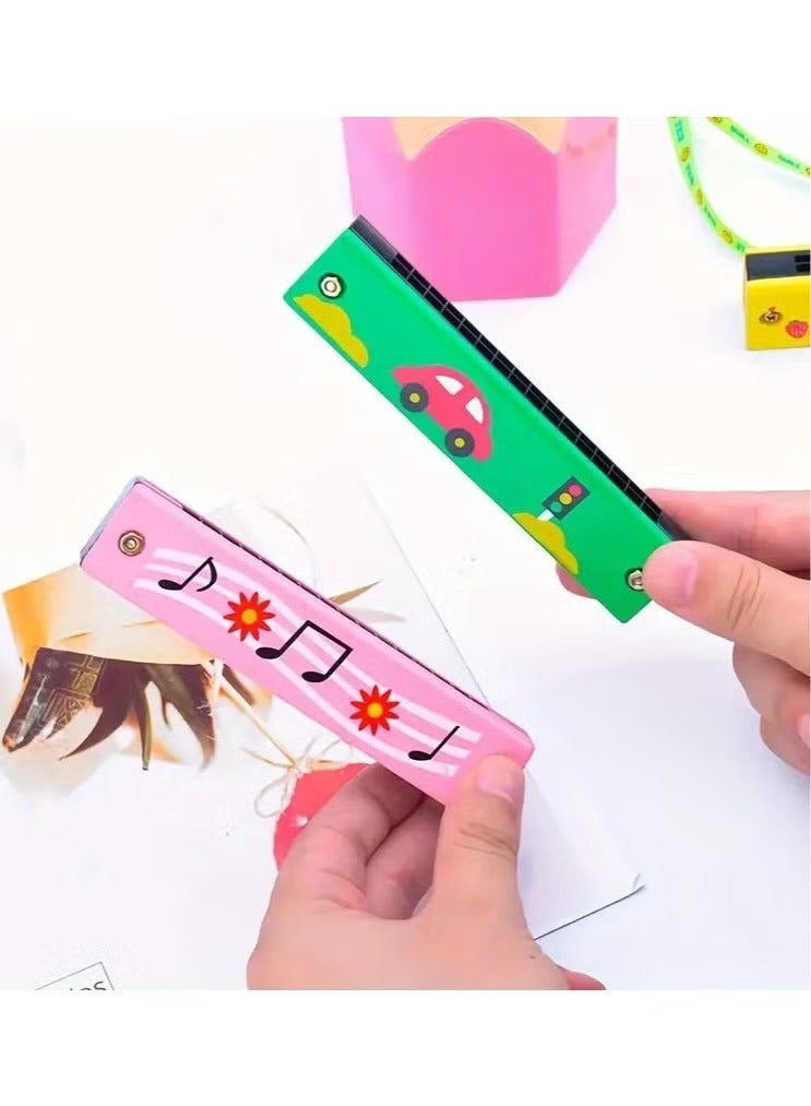2pcs Children's harmonica, 16 hole double row lightweight cartoon harmonica, children's harmonica, adult beginner instrument toy(pink+green) - Image 4
