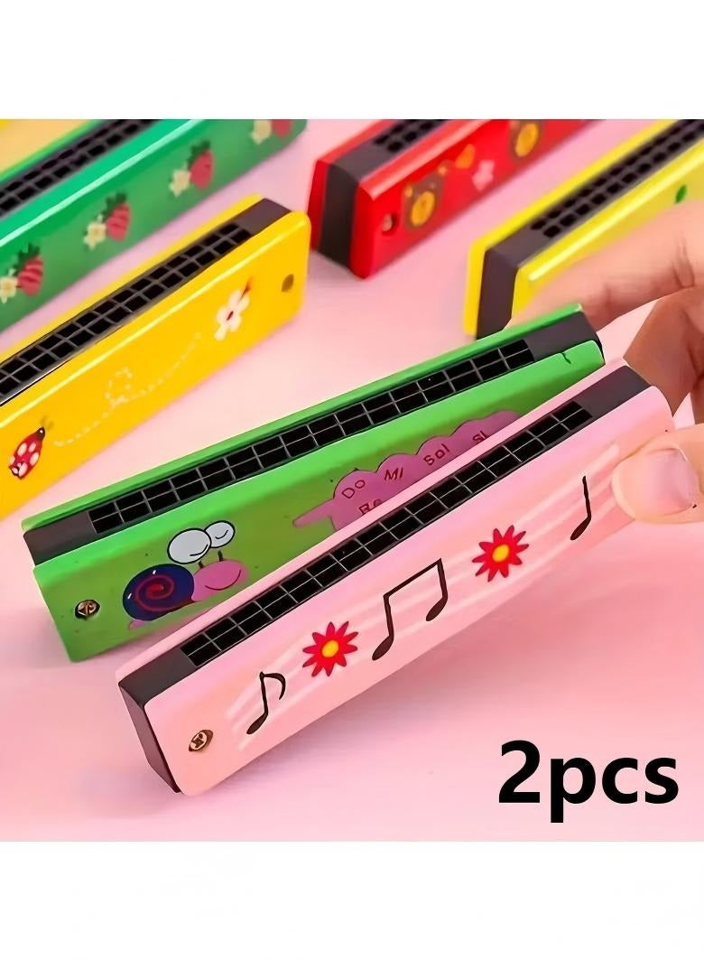 2pcs Children's harmonica, 16 hole double row lightweight cartoon harmonica, children's harmonica, adult beginner instrument toy(pink+green) - Image 1