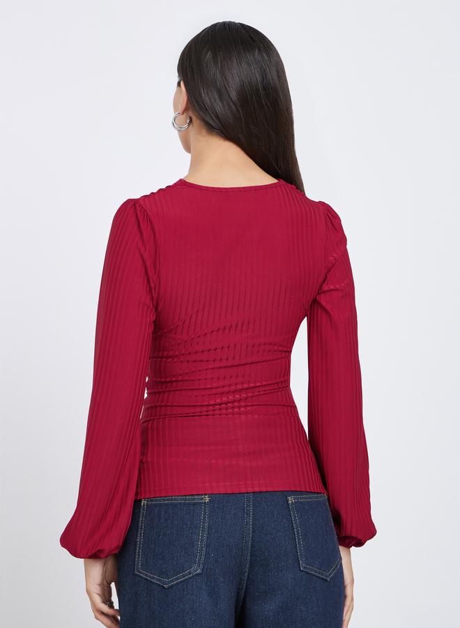 Styli Burgundy Ribbed V Neck Blouse - Image 4