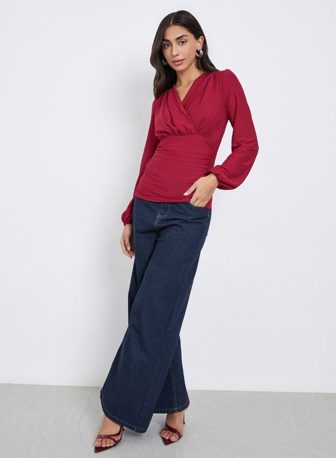 Styli Burgundy Ribbed V Neck Blouse - Image 2