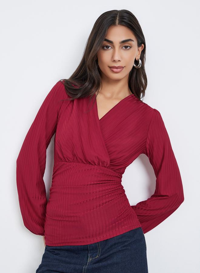 Styli Burgundy Ribbed V Neck Blouse - Image 1