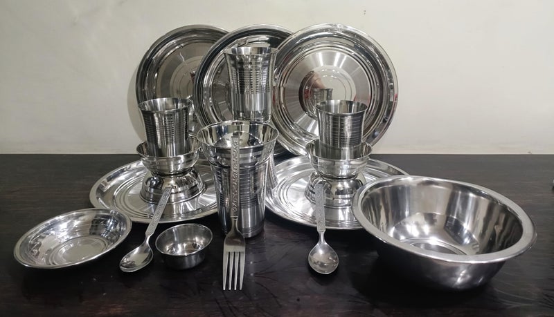 KITCHEN AREna Stainless Steel Dinner Set, 5Plates+5Bowls+5Glasses+2Spoons+1Fork+1Chutni Bowl+1Halwa Plate+1Service Bowl - Image 2