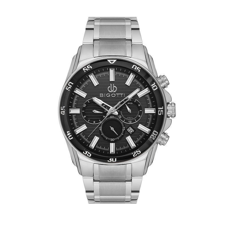 Bigotti Raffinato Silver Stainless Steel Watch for Men BG.1.10675-1 - Black Emboss Dial, 46mm Case, Japanese Quartz, Date Display, 50M Water Resistant, Mineral Glass - Image 1