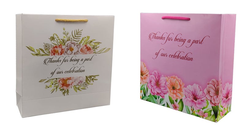 TASCHE Green Celebration and Pink Celebration Design Printed Assorted Paper Carry Bags | Gift Bags for Return gifts, and Birthday presents (9 * 9 * 3 Inches) (Pack of 24) - Image 1
