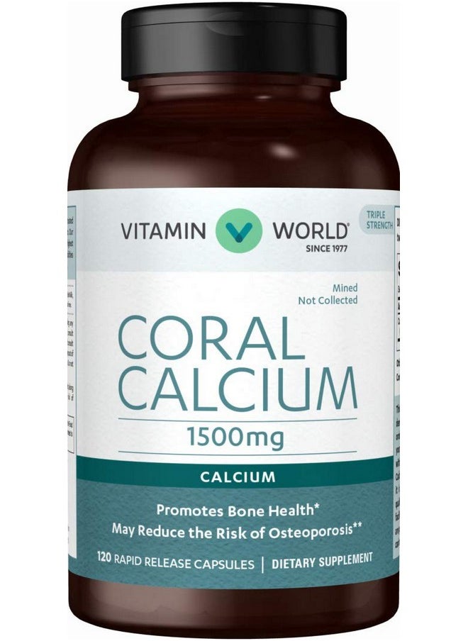 VITAMIN WORLD Coral Calcium 1500 Mg. 120 Capsules Mineral Supplement Rapidrelease Gluten Free  - Image 1