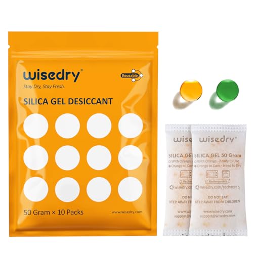 wisedry 50 Gram [10 Packs] Silica Gel Packets Microwave Fast Reactivate Desiccan Packs with Indicating Beads - Image 1