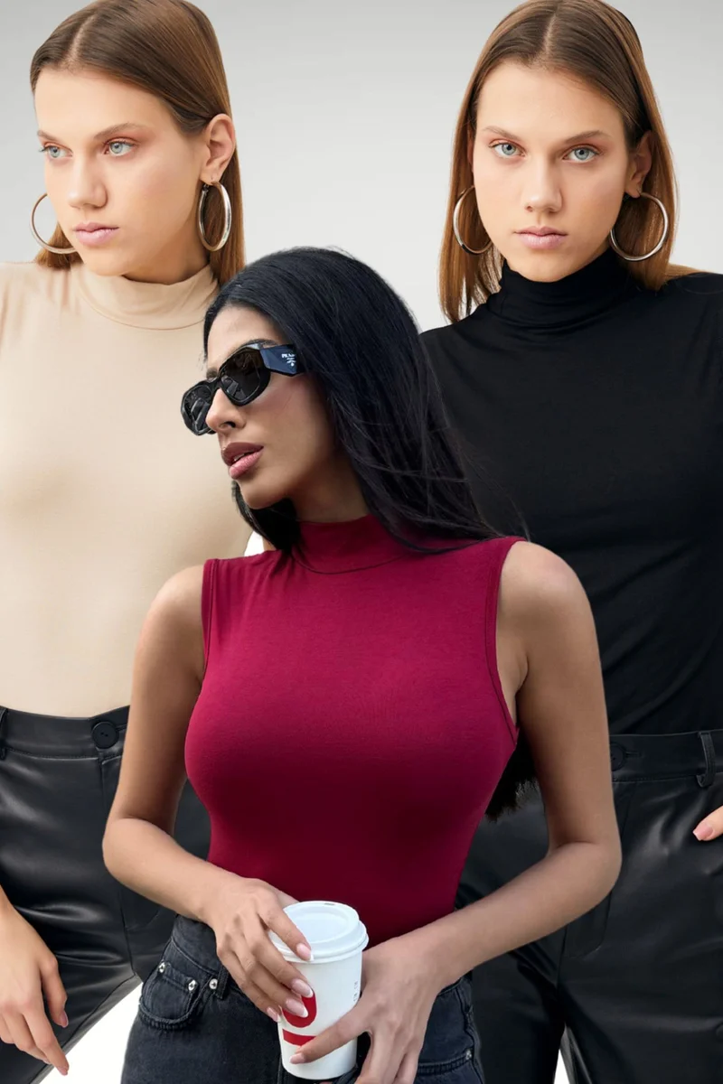 بيبانتولون BIPANTOLON Women's 3-Pack Ribbed Half Turtleneck Bodysuits