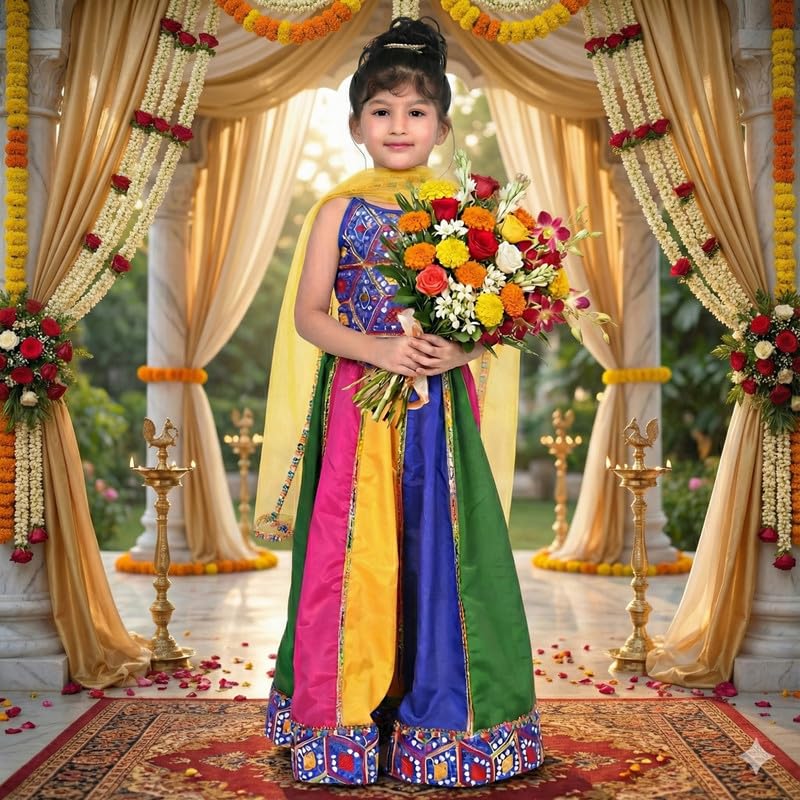 Sarvda Girls Silk Blend Lehenga Choli With Dupatta Set | Traditional Ethnic Dress For Kids | Chaniya Choli For Party & Wedding | Ready Stitched Top With Ghagra | (Color: Multicolor, Size: 9-10 Years) - Image 2