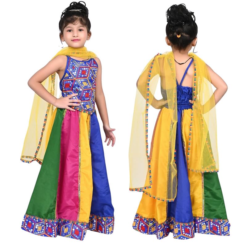 Sarvda Girls Silk Blend Lehenga Choli With Dupatta Set | Traditional Ethnic Dress For Kids | Chaniya Choli For Party & Wedding | Ready Stitched Top With Ghagra | (Color: Multicolor, Size: 9-10 Years) - Image 1