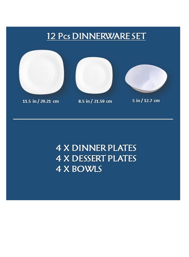 Houzi طقم عشاء هوزي 12 قطعة من الخزف الأوبال 4 أطباق عشاء 4 أطباق حلوى 4 سلطانيات - Image 2