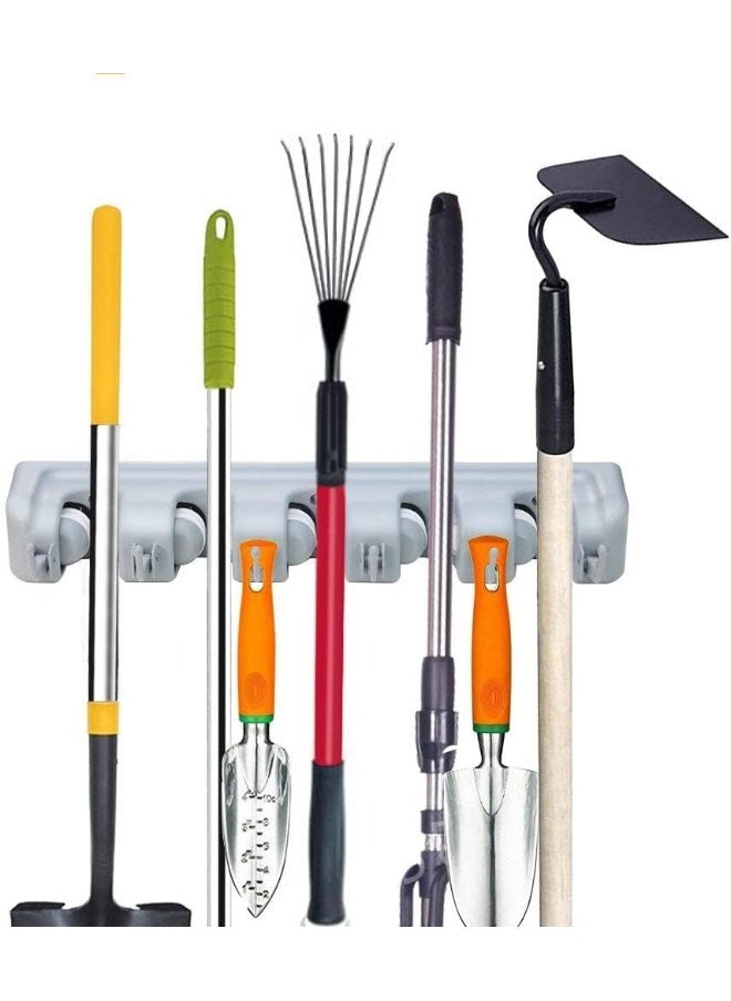SAQOWARE Mop Broom Holder, Garden Tools Wall Mounted Commercial Organizer Saving Space Storage Rack For Kitchen And Garage, Laundry Offices 5 Position With 6 Hooks  - Image 3
