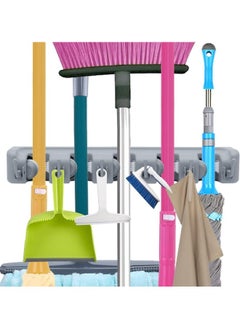 SAQOWARE Mop Broom Holder, Garden Tools Wall Mounted Commercial Organizer Saving Space Storage Rack For Kitchen And Garage, Laundry Offices 5 Position With 6 Hooks  - Image 1