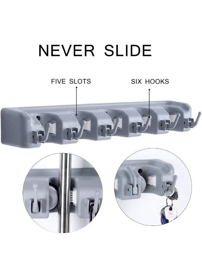 SAQOWARE Mop Broom Holder, Garden Tools Wall Mounted Commercial Organizer Saving Space Storage Rack For Kitchen And Garage, Laundry Offices 5 Position With 6 Hooks  - Image 4