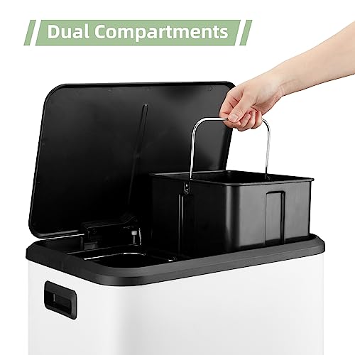 MilleLoom 8 Gallon/30 Liter Dual Compartment Trash Can, Stainless Steel Garbage Can with Soft-Close Lid and Two Removable Inner Buckets, 2 x 15L Two Compartment Trash Bin for Kitchen Bedroom Home, White - Image 3