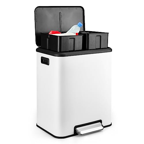 MilleLoom 8 Gallon/30 Liter Dual Compartment Trash Can, Stainless Steel Garbage Can with Soft-Close Lid and Two Removable Inner Buckets, 2 x 15L Two Compartment Trash Bin for Kitchen Bedroom Home, White - Image 1