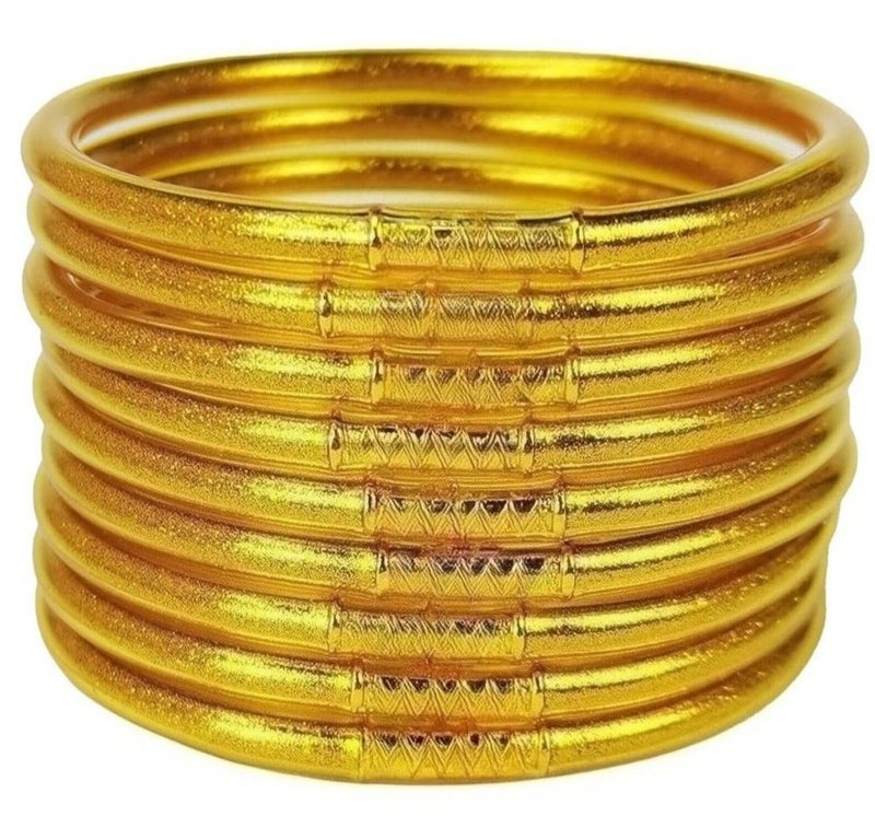 SIXAOAZZ Metallic Gold Silicone Bangle Bracelet Set - 9 Pack Soft Touch Stretch Bracelets for Women - Hypoallergenic Lightweight Accessories for Gym, Office & Everyday Wear - Image 1
