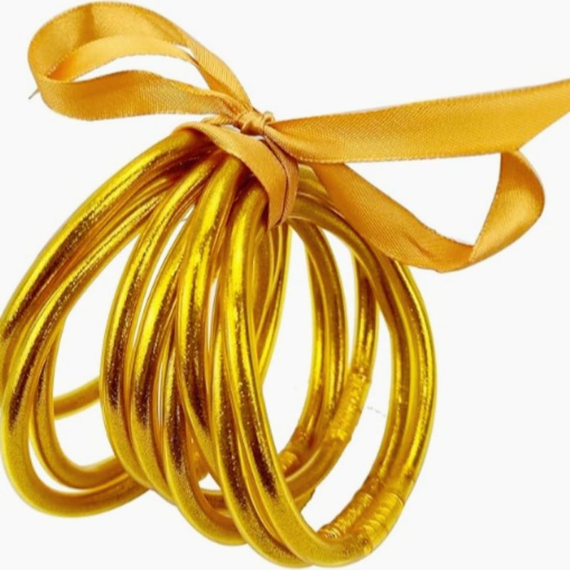 SIXAOAZZ Metallic Gold Silicone Bangle Bracelet Set - 9 Pack Soft Touch Stretch Bracelets for Women - Hypoallergenic Lightweight Accessories for Gym, Office & Everyday Wear - Image 5