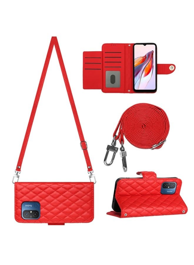 HuHa Case Cover For Xiaomi Redmi 12C / 11A / Poco C55 Rhombic Texture Flip Leather Phone Case with Long Lanyard Red 