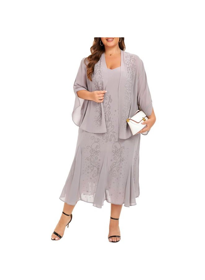 WTJIAPAI Plus Size Jacket Dress Suits 2 Piece Chiffon Sets Delicate Rhinestone Pattern Mother of Bride Dresses for Wedding Grey - Image 1