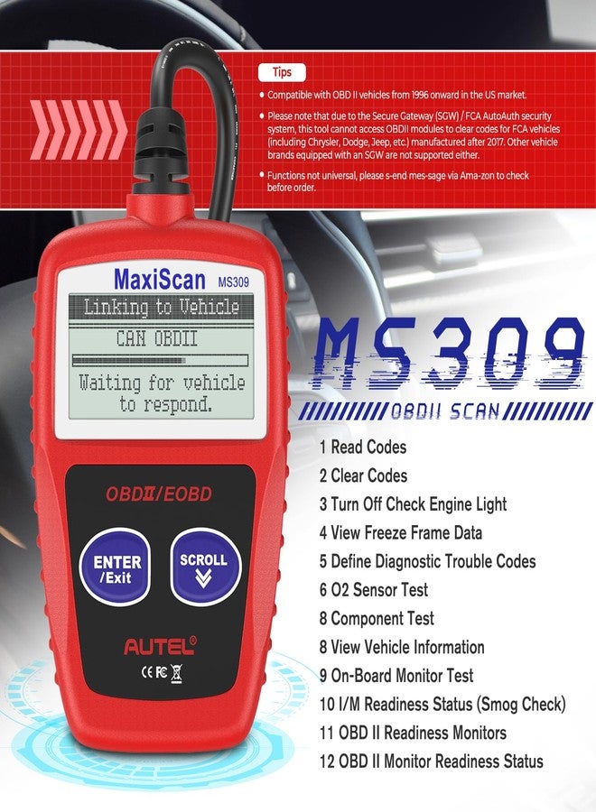 Autel MS309 Universal OBD2 Scanner Engine Fault Reader, Read Clear Codes, View Freeze Frame Data, I/M Readiness Smog Check CAN Diagnostic Scan Tool - Image 2