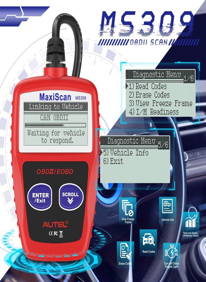 Autel MS309 Universal OBD2 Scanner Engine Fault Reader, Read Clear Codes, View Freeze Frame Data, I/M Readiness Smog Check CAN Diagnostic Scan Tool - Image 3