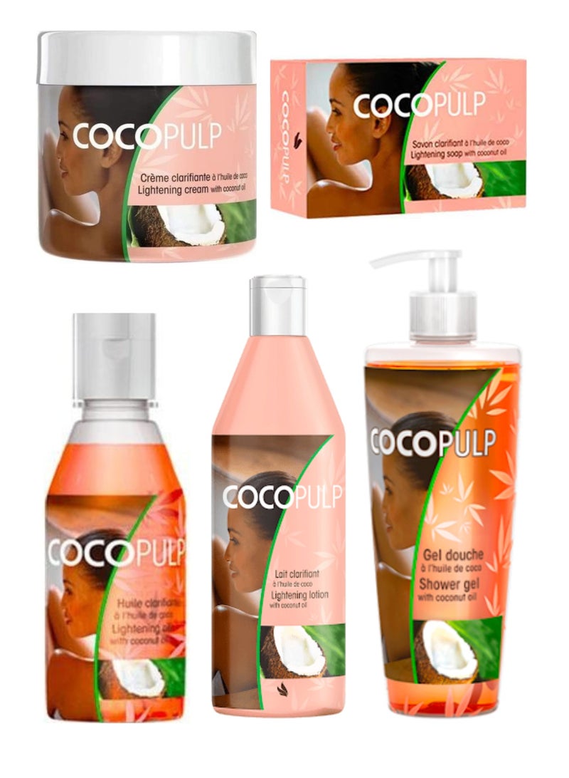 COCOPULP Coco Pulp 5 Piece Set Skin Lightening Cream 300ml, Lotion 500ml, Soap, Shower Gel 500ml and Oil 50ml With Coconut Oil - Image 1