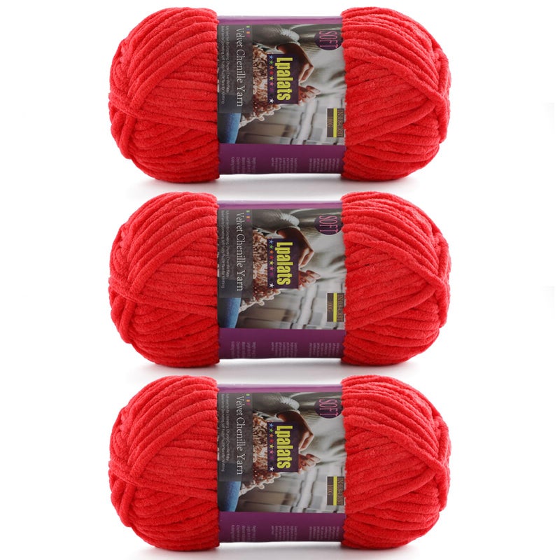 Lpalats Chunky Chenille Yarn for Crocheting - 3x100g/3.5oz Baby Blanket Yarn for Crocheting Soft - 262 Yards Fluffy Thick Plush Yarns for Knitting Blankets Amigurumi (3, Red) - Image 1