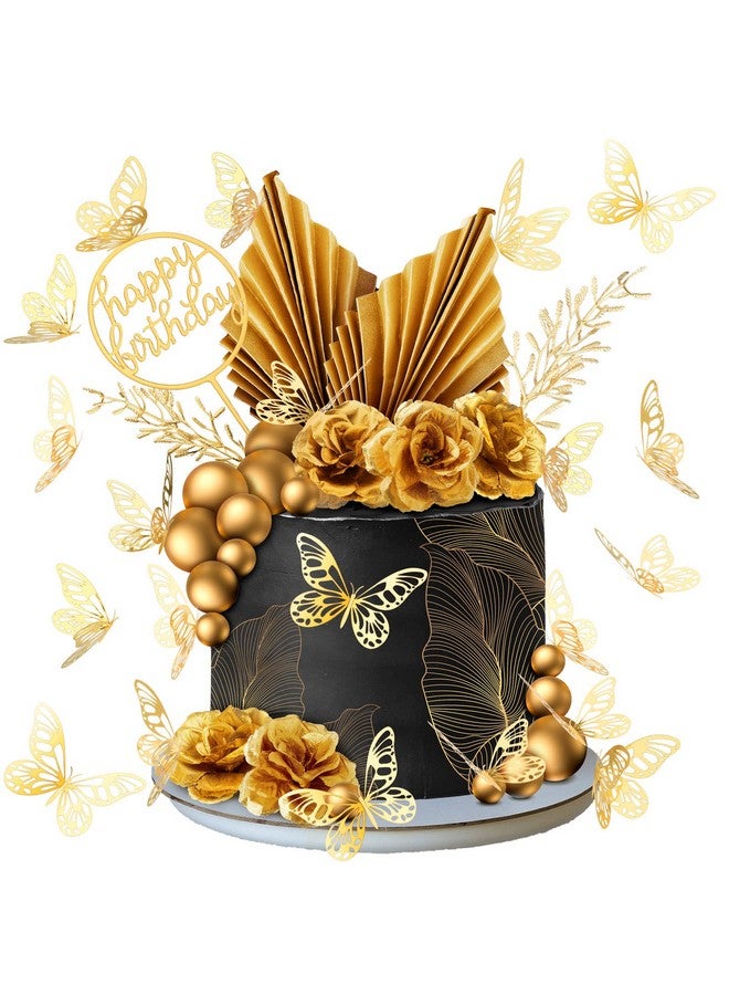 Shimeyao 52 Pcs Flower Toppers For Cake Gold Balls For Cake Decorations Boho Cake Topper Flower Butterfly Decorations Gold Cake Topper For Birthday Wedding Baby Shower Party Decoration(Gold) - Image 1