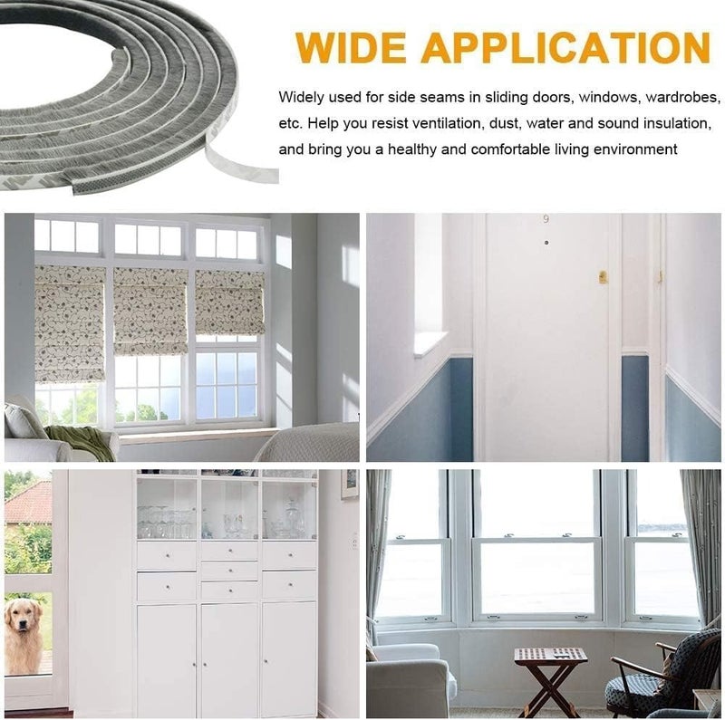 Erweicet 33ft Weather Stripping Brush for Sliding Windows/Doors Frame Side, Self-Adhesive Seal Strip (33ft, 0.35'' Wide x 0.35'' Thick, Gray) - Image 3