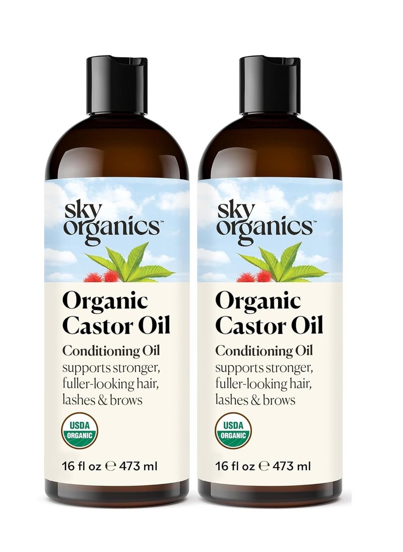 Sky Organics زيت الخروع العضوي من سكاي أورجانيكس (2 × 16 أونصة) عضوي معتمد من وزارة الزراعة الأمريكية، معصور على البارد، غير مكرر، خالٍ من الهكسين، مرطب ومداوٍ للبشرة الجافة، ونمو الشعر للرموش والحواجب مع كتاب إلكتروني حصري  - Image 1