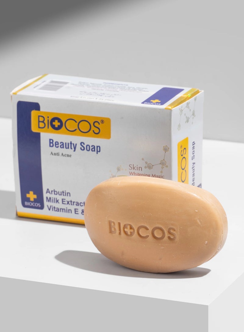 BIOCOS Beauty Soap –  Acne-Fighting & Hydrating Soap With Papaya Extract, Aloe Vera & Vitamin E – Brightens, Moisturizes & Clears Skin - 90gm - Image 1