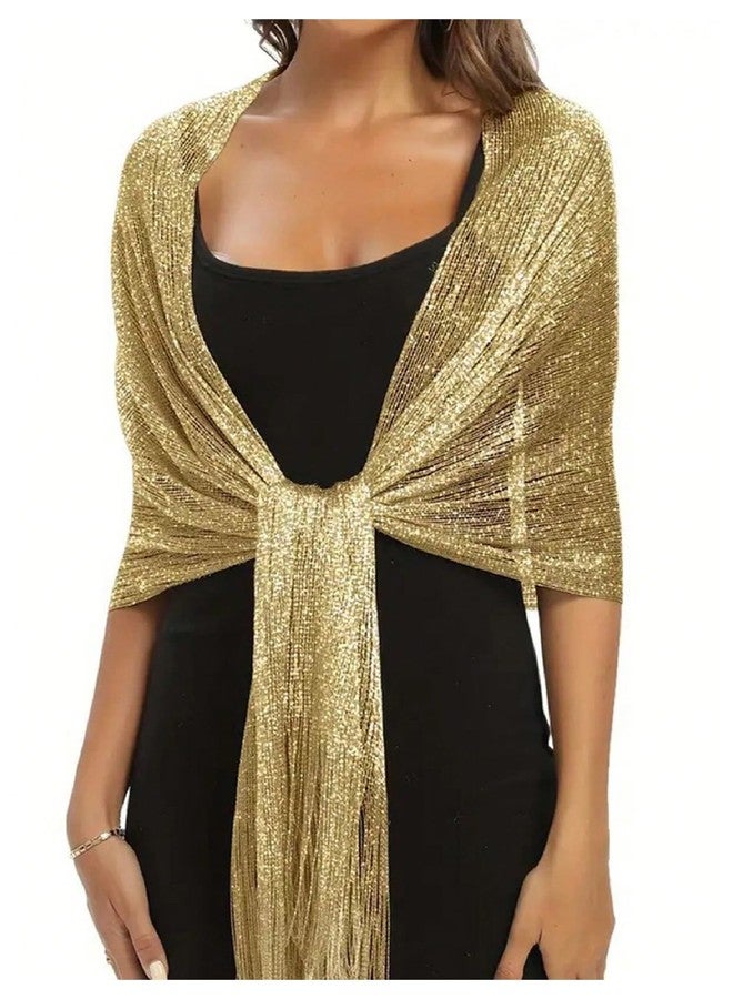 MakeMeChic Women's Metallic Tassel Trim Scarf Sparkly Party Elegant Shawls and Wraps Gold One-Size - Image 2