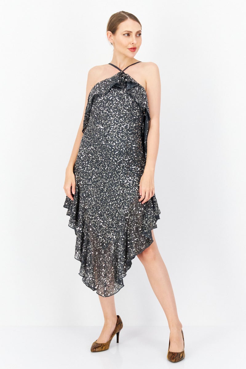 RIVER ISLAND Women Sequin Waterfall Slip Midi Dress, Metal Grey - Image 1