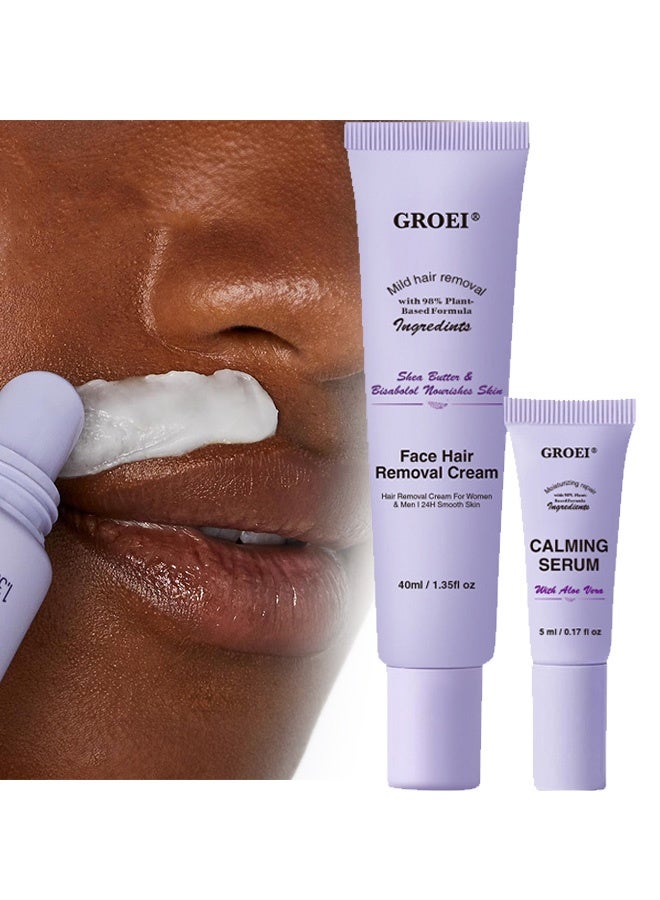 جروي إزالة الشعر بلطف، كريم إزالة شعر الوجه، مجموعة كريمات إزالة الشعر، إزالة الشعر بلطف ودون ألم، سيروم مهدئ، كريمات لإزالة شعر الجسم والوجه للنساء | كريم إزالة الشعر 40 مل، السيروم 5 مل - Image 1