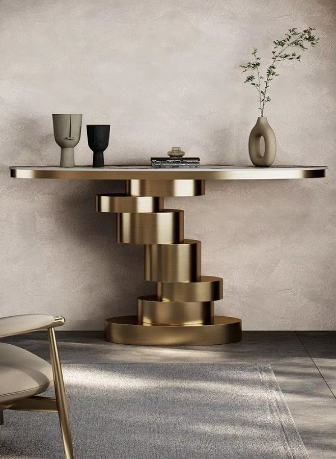 سي آند سي هوم طاولة كونسول ذهبية عصرية طاولة مدخل فنية بقاعدة هندسية وسطح رخامي 120x35x85 سم. - Image 1