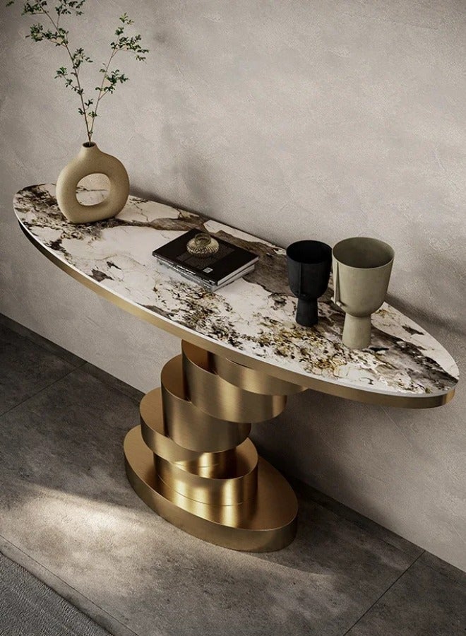 سي آند سي هوم طاولة كونسول ذهبية عصرية طاولة مدخل فنية بقاعدة هندسية وسطح رخامي 120x35x85 سم. - Image 2