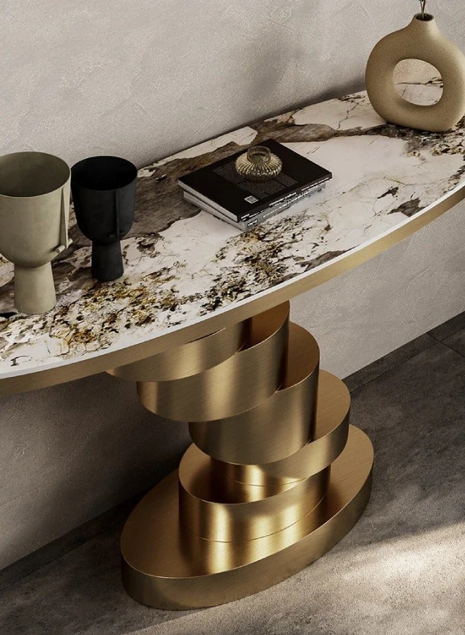سي آند سي هوم طاولة كونسول ذهبية عصرية طاولة مدخل فنية بقاعدة هندسية وسطح رخامي 120x35x85 سم. - Image 3