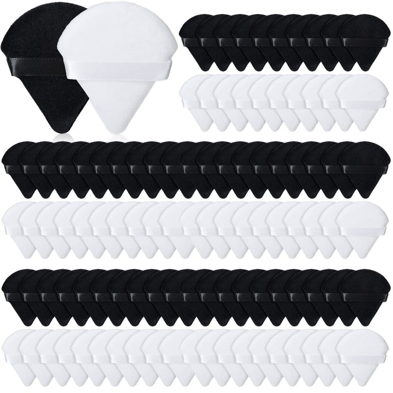 Nuenen 100 Pieces Powder Puff Triangle Powder Puff Face Soft Makeup Puff for Loose Powder, Wedge Shape Velour Cosmetic Sponge for Contouring, Under Eyes and Corners, Beauty Makeup Tools, White, Black - Image 1