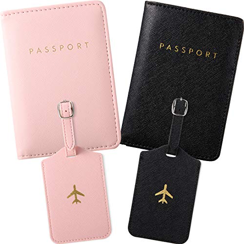 Weewooday 2 Set Mr and Mrs Passport Covers Holder and Luggage Tags Cute Leather Wallets Holder Travel Luggage Tags for Women Men Gift(Pink, Black) - Image 1