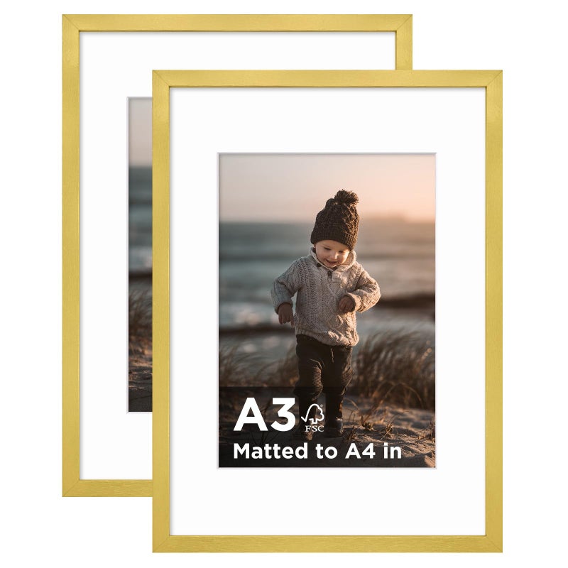 KINLINK A3 Picture Frame Gold Set of 2 Wooden Photo Frames Matted A4 with Plexiglass for A4 with Mat or A3 without Mat for Wall Display