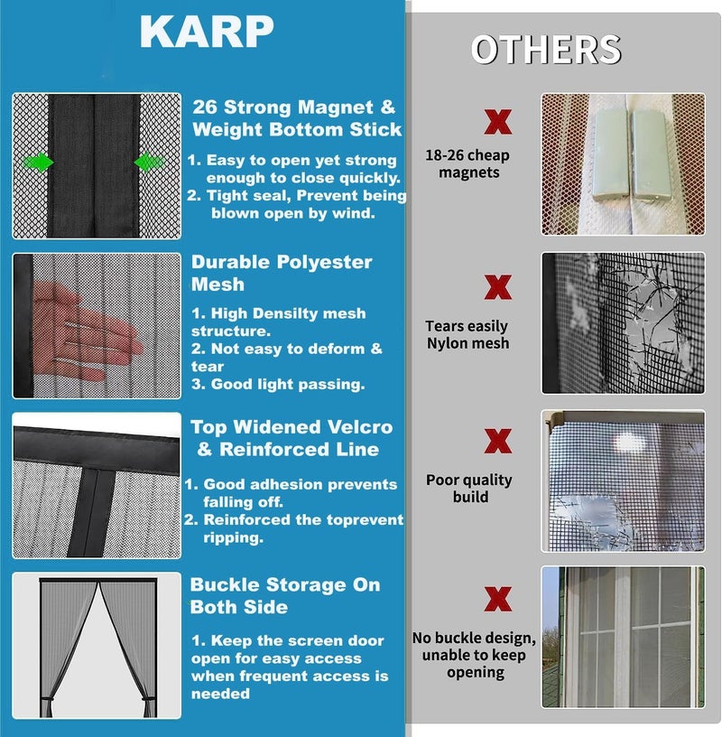 KARP Mosquito Net for Door – Heavy Duty Mesh Screen Door with Stay-Open Buckle, Auto Close Magnets, Hands-Free Entry, Easy Install, Pet & Kid Friendly for Home (120 X 220, Black) - Image 4