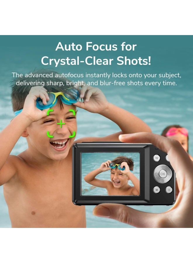 برو ميج كاميرا رقمية PROMAGE PC110 بشاشة مزدوجة – باللون الأسود، فيديو 4K، شاشة خلفية 2.4 بوصة وشاشة أمامية 1.3 بوصة، دقة 48 ميجابكسل (مضخّمة)، تقريب رقمي 18X، بطارية 800 مللي أمبير، وضع السيلفي، كابل USB، حقيبة، وكتاب تعليمات - Image 4