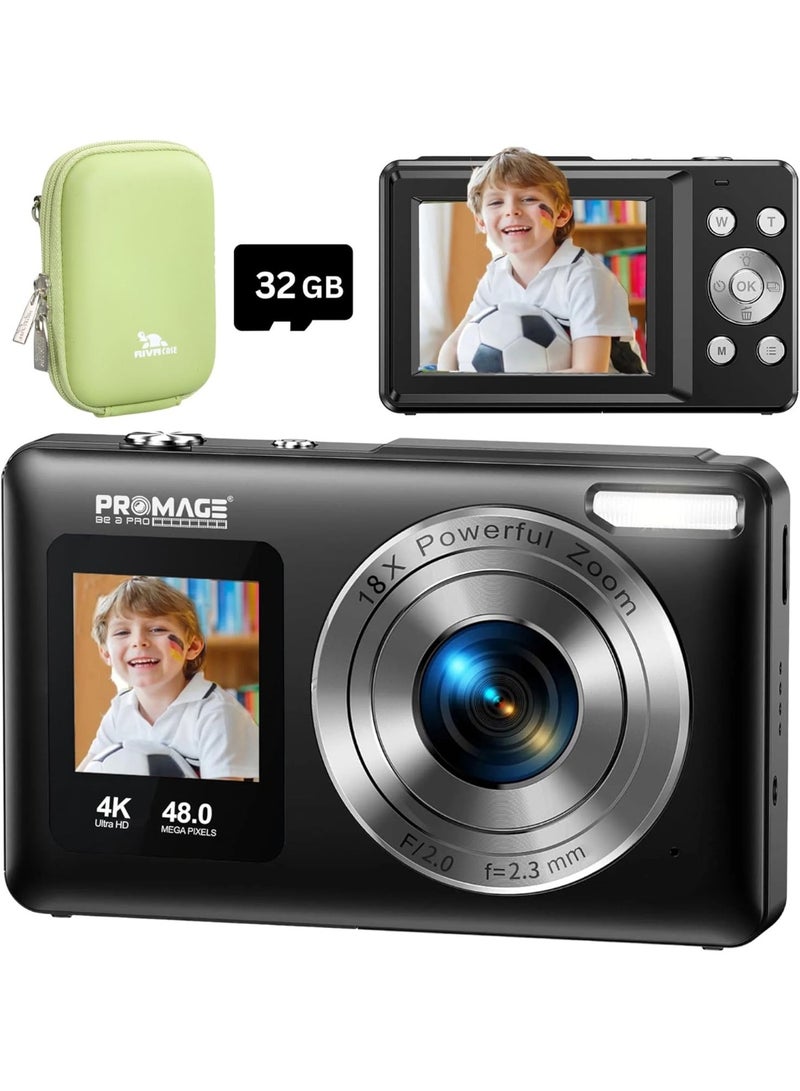 برو ميج كاميرا رقمية PROMAGE PC110 بشاشة مزدوجة – باللون الأسود، فيديو 4K، شاشة خلفية 2.4 بوصة وشاشة أمامية 1.3 بوصة، دقة 48 ميجابكسل (مضخّمة)، تقريب رقمي 18X، بطارية 800 مللي أمبير، وضع السيلفي، كابل USB، حقيبة، وكتاب تعليمات - Image 1